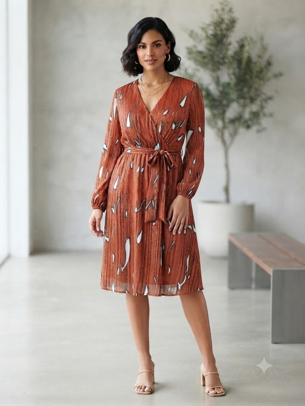 Traffic People Rust Printed Midi Dress with Self Tie Size Small
